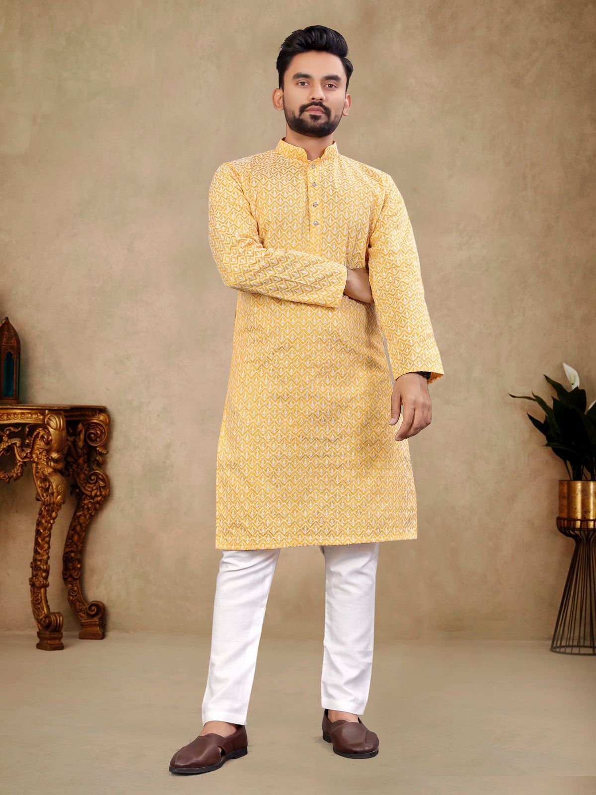 yellow mens lucknowi mens kurta pajama