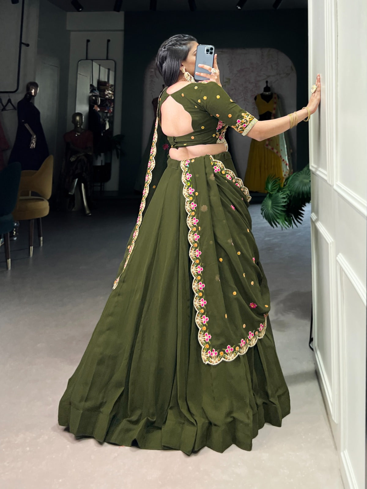 Mehendi color georgette lehenga choli for women online