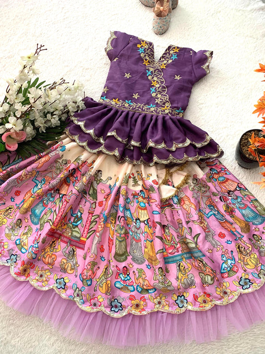 Pink color chinon silk lehenga choli for kids 