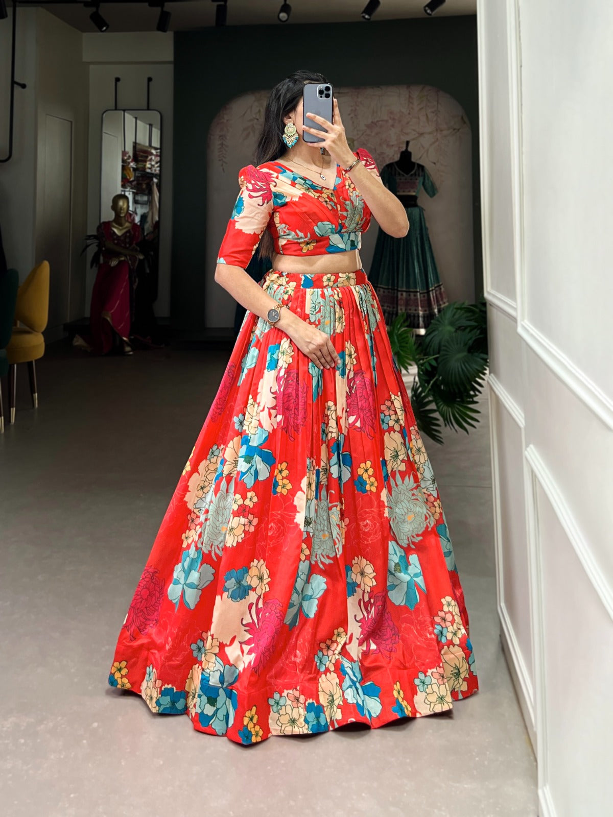 Red color tussar silk lehenga with blouse online

