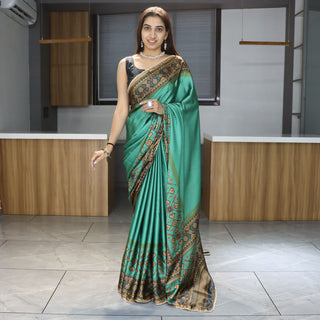 Pure teal green satin saree for women
