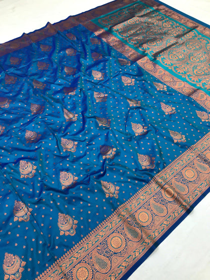 Teal color banarasi silk saree with blouse