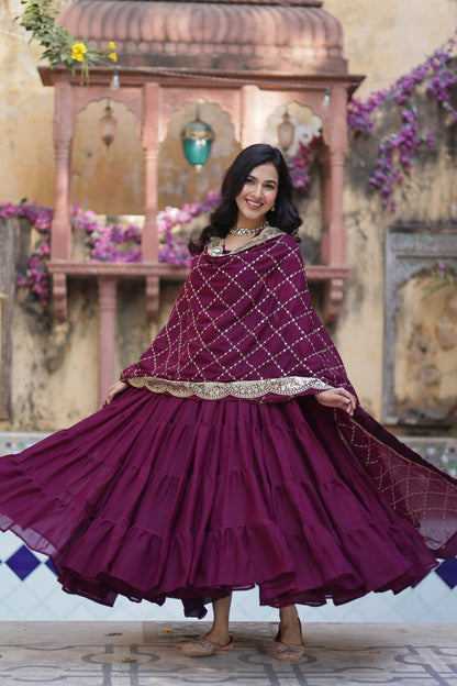 Wine color georgette long gown with dupatta