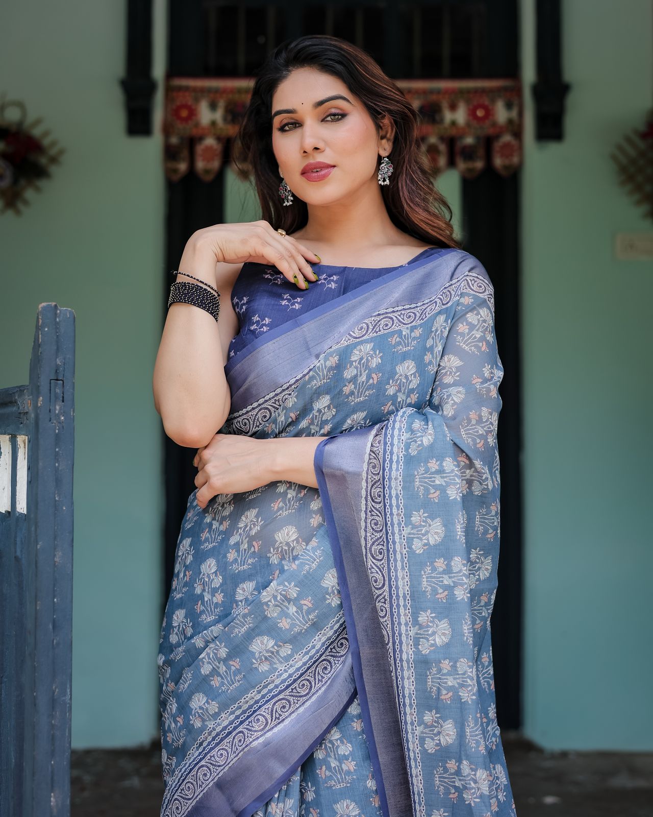 Sky blue color linen saree with blouse online shopping