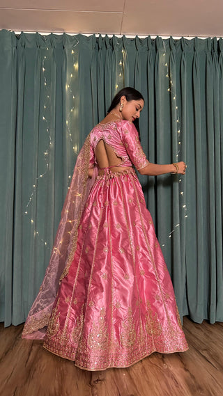 Peach color satin silk lehenga choli images