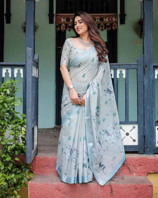 Light Blue color linen saree for women