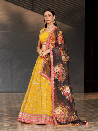 Georgette yellow lehenga with organza dupatta