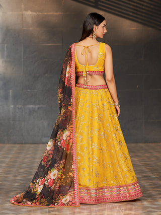 Georgette yellow lehenga with organza dupatta for wedding