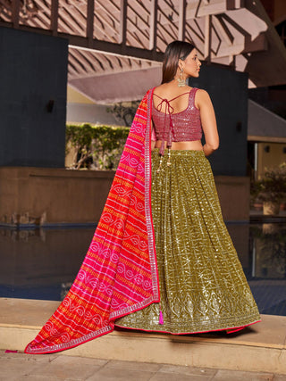 olive pink georgette lehenga design