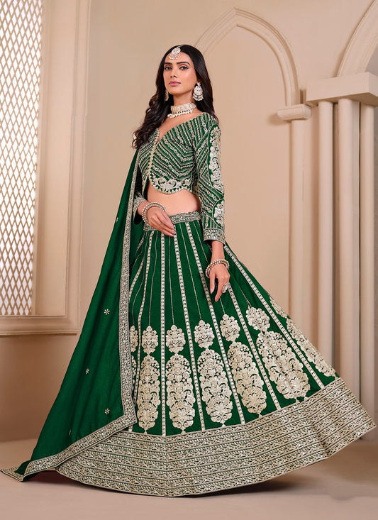 Green color chinon lehenga choli for women