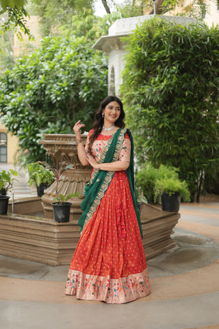 Red color Cosmos Jacquard lehenga choli with dupatta online shopping