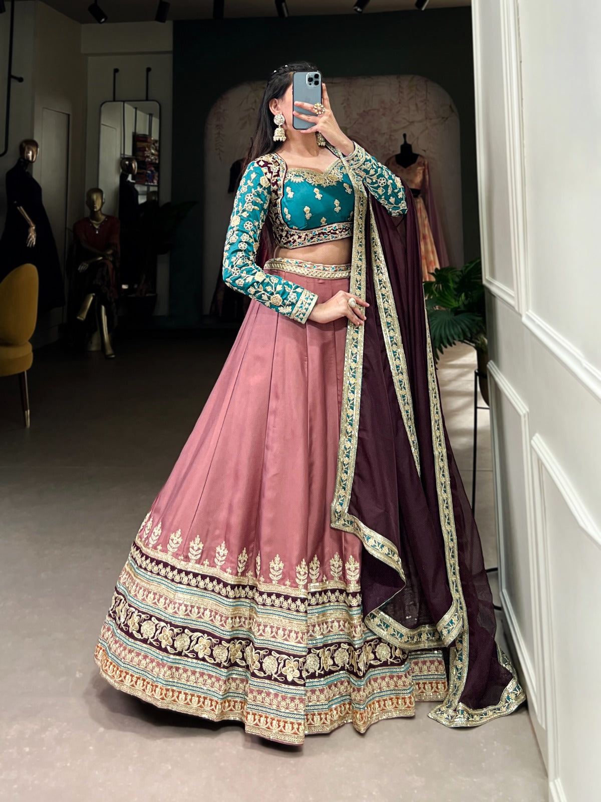 Peach color moonga silk lehenga choli for women