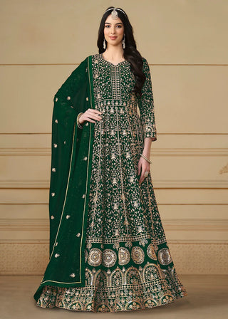 Long sleeve green color georgette gown for women
