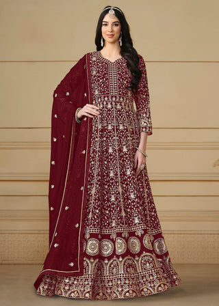 Long sleeve maroon color georgette gown for women
