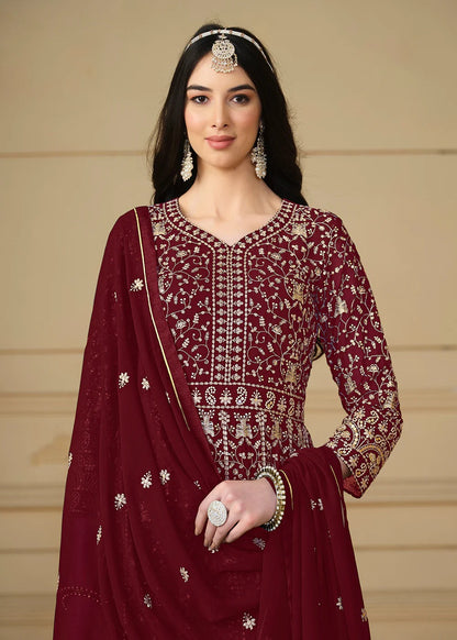 Long maroon color georgette gown images

