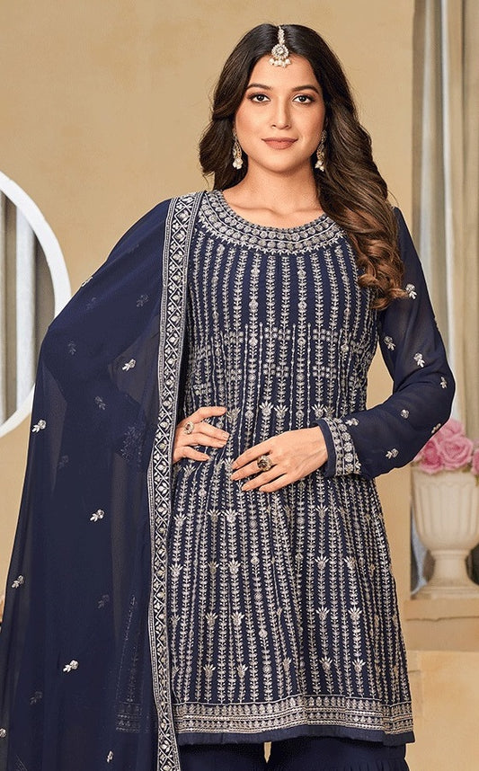 Navy Blue color georgette sharara suit for women price 