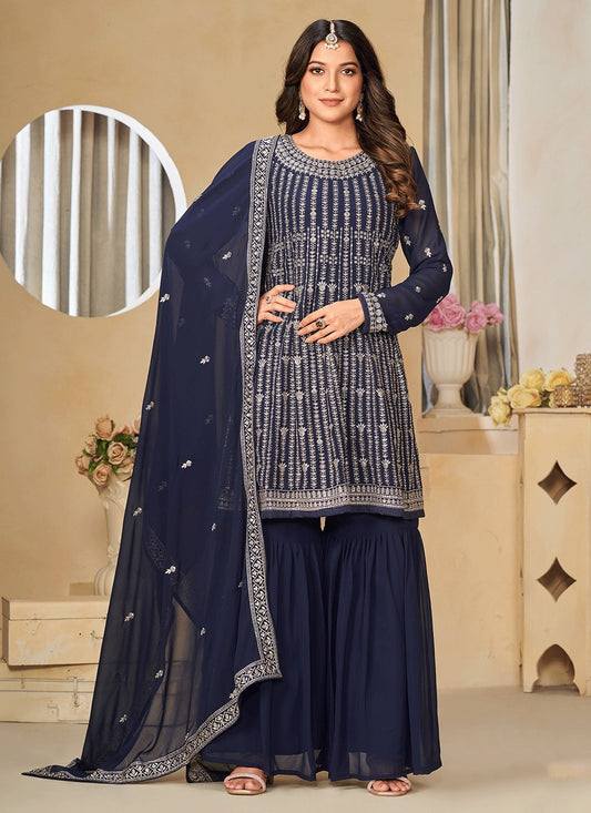 Navy Blue color georgette sharara suit for women
