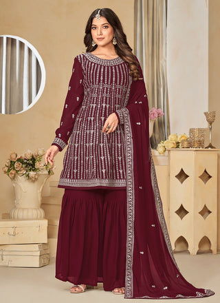 Wedding wear Maroon color georgette sharara suit with dupatta