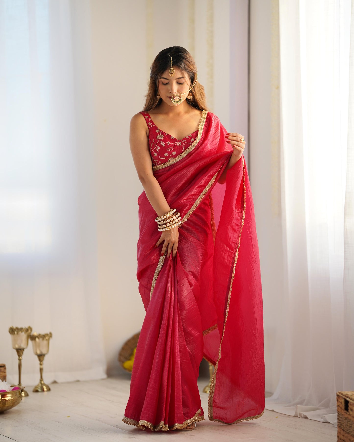 Pink color tissue silk saree for women online
