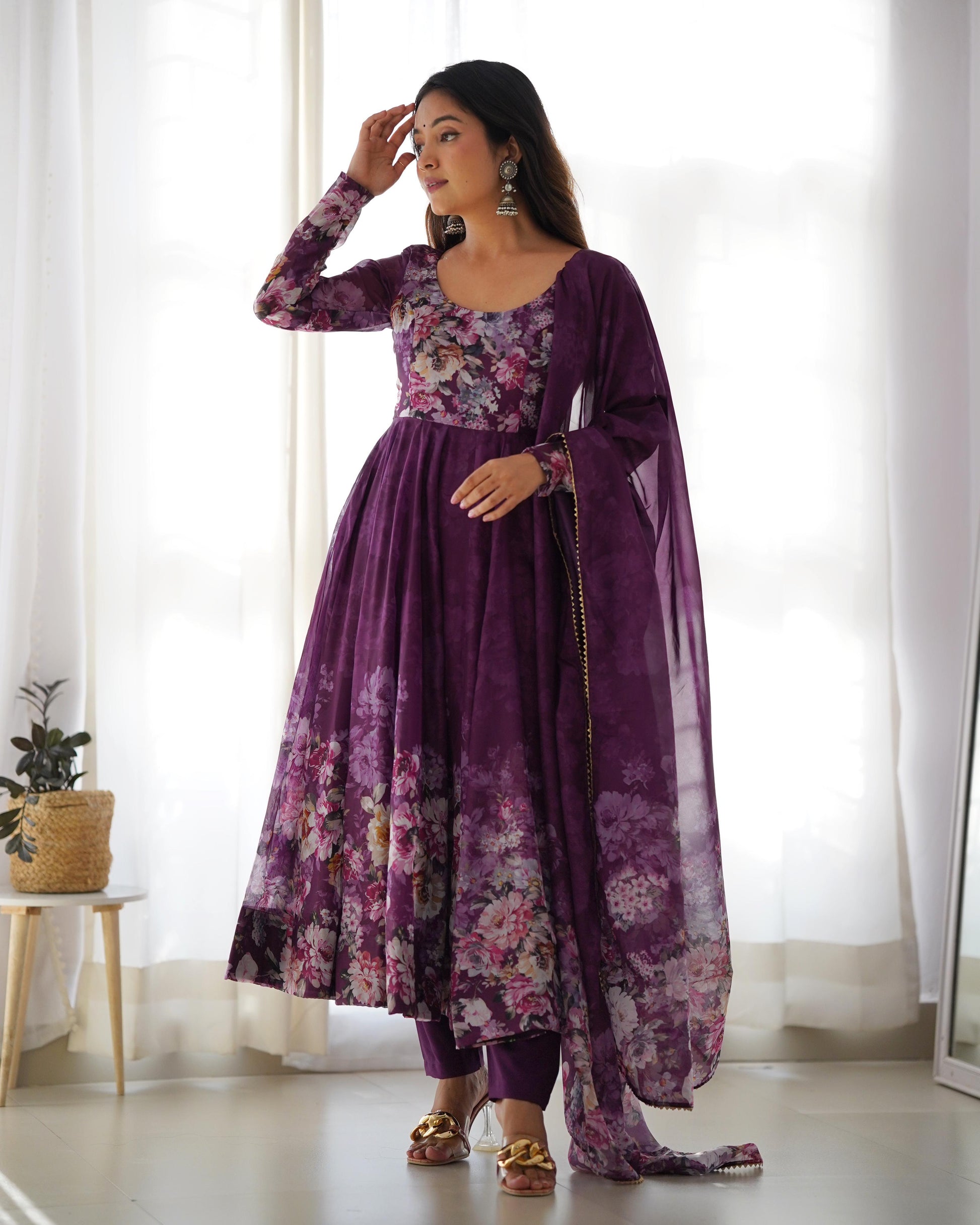 Wine color organza silk salwar suit with dupatta