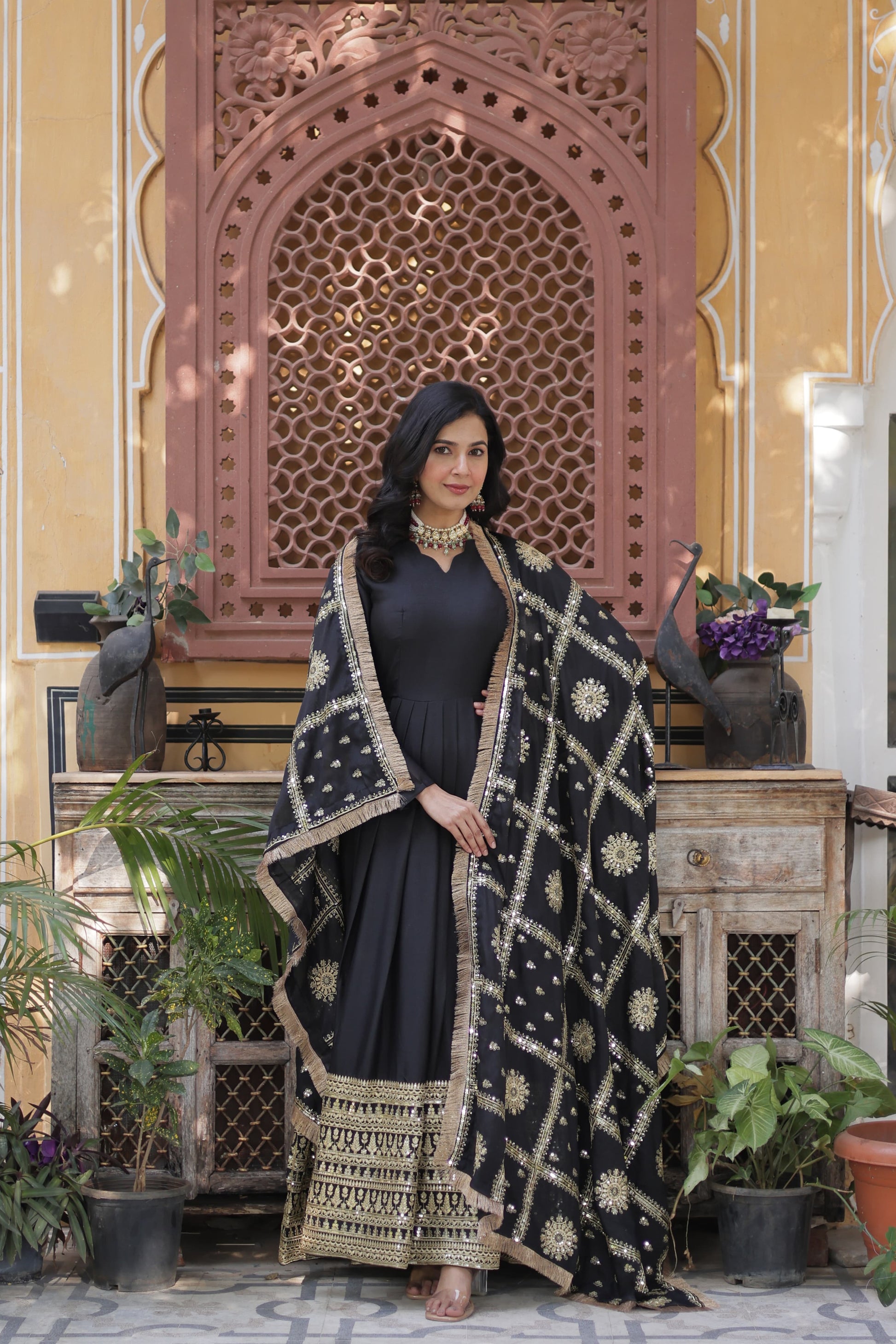 Black color georgette sequins work long gown for women