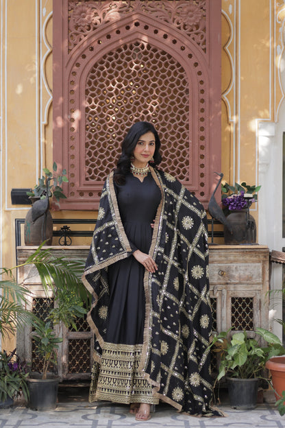Black color georgette sequins work long gown for women