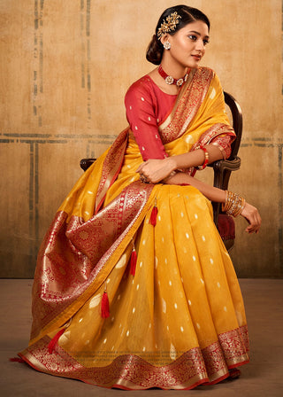 Work mustard tissue weaving sarees online
