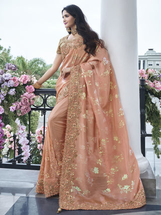 Peach color tissue silk saree