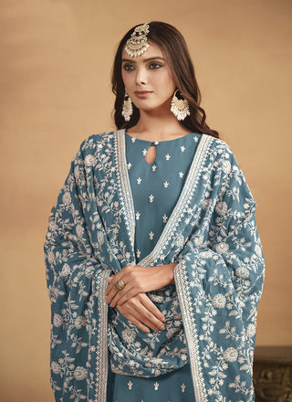 Peacock Blue Embroidery Work Salwar Suit Online Shopping