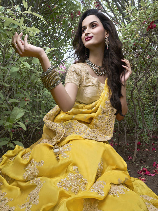 Yellow color tissue silk heavy saree