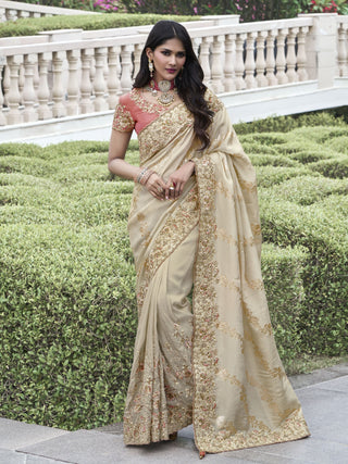 Beige color wedding wear heavy saree