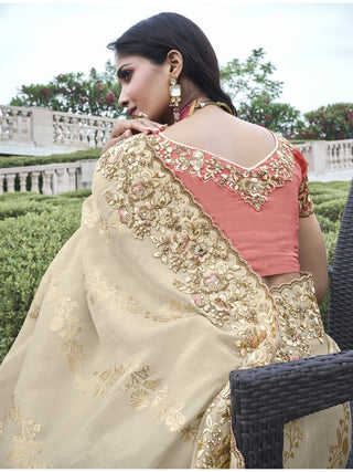 Beige color tissue silk heavy saree with blouse online