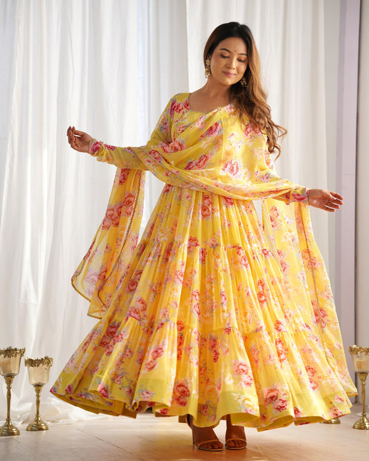 Long sleeve yellow georgette gown for women
