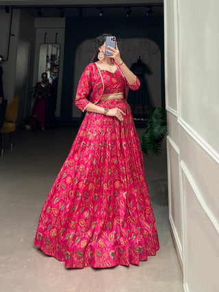 Pink color tussar silk lehenga choli for women images