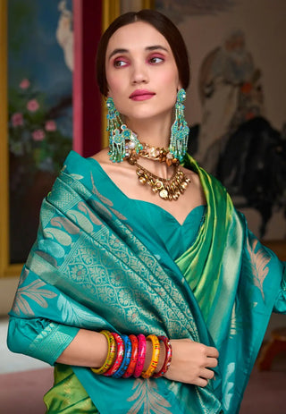 Green color banarasi silk saree for women images