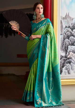 Green color banarasi silk saree for women