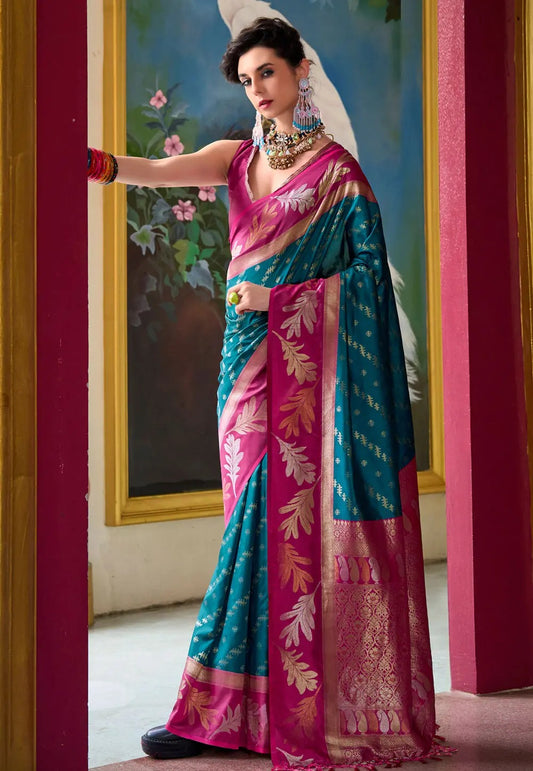 teal color banarasi soft silk saree for women images
