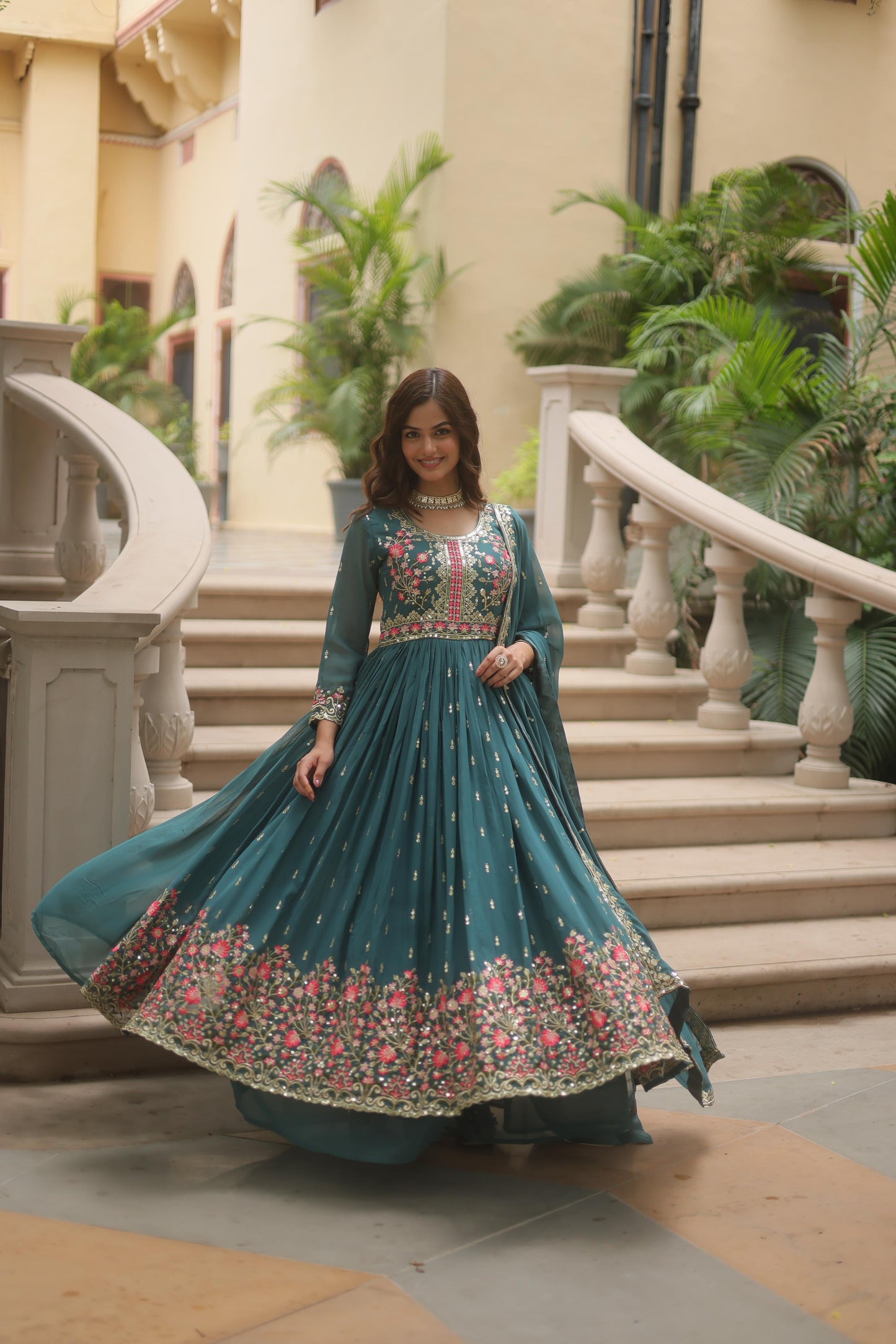Rama color georgette sharara suit with dupatta