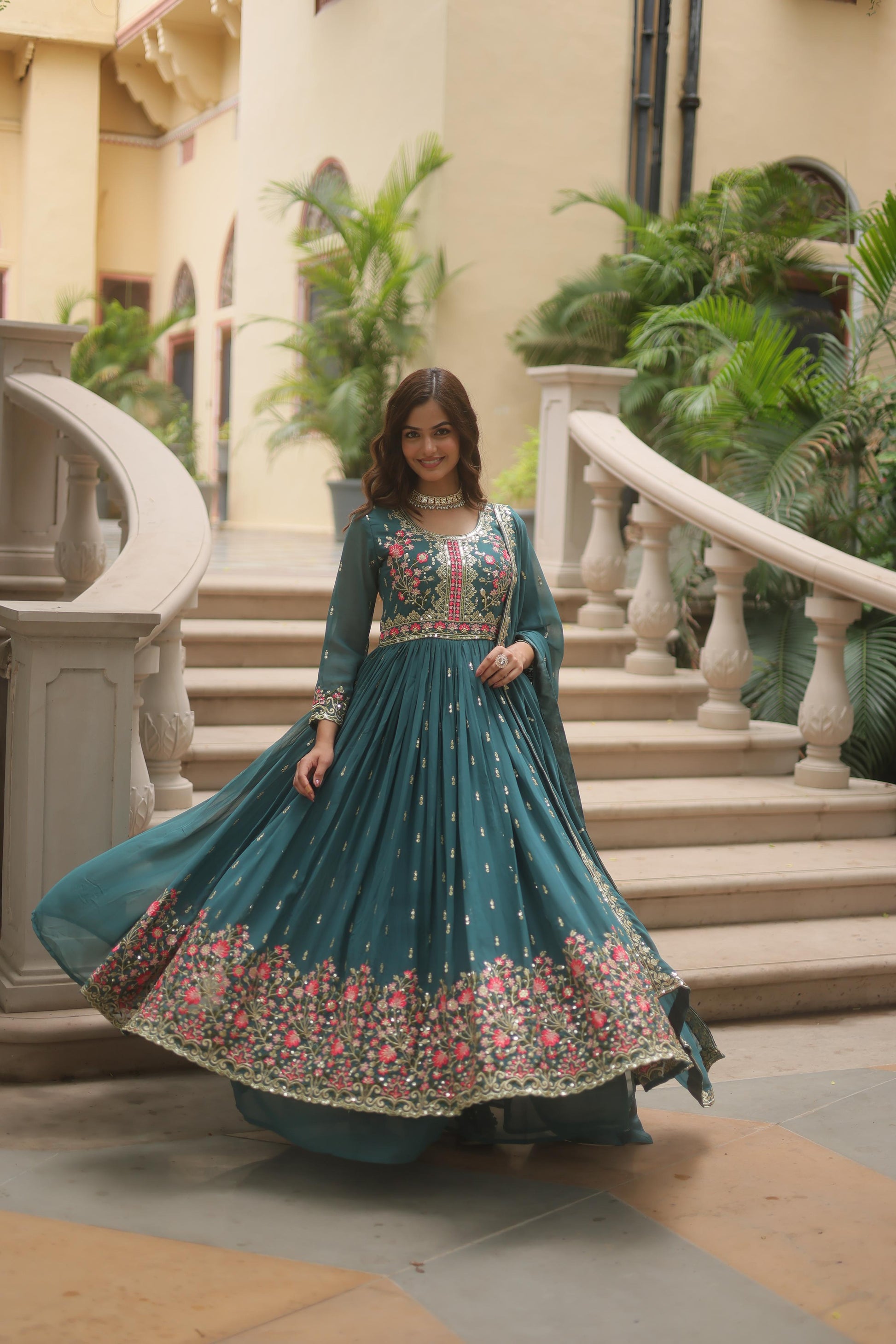 Rama color georgette sharara suit with dupatta