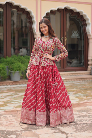 Red color jacquard weaving lehenga with top