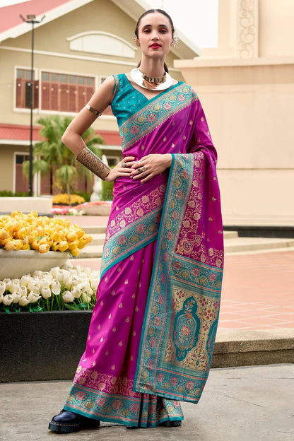 Pink color banarasi silk saree for women