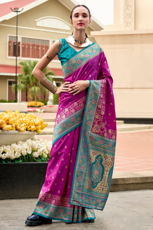 Pink color banarasi silk saree for women