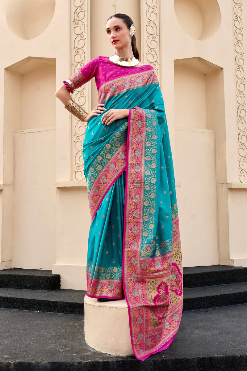 Rama color banarasi silk saree for women online shopping
