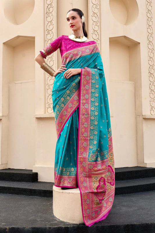 Rama color banarasi silk saree for women online shopping
