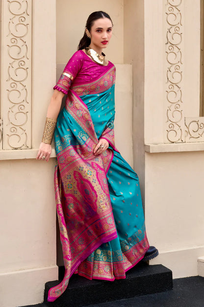 Rama color banarasi silk saree for women online
