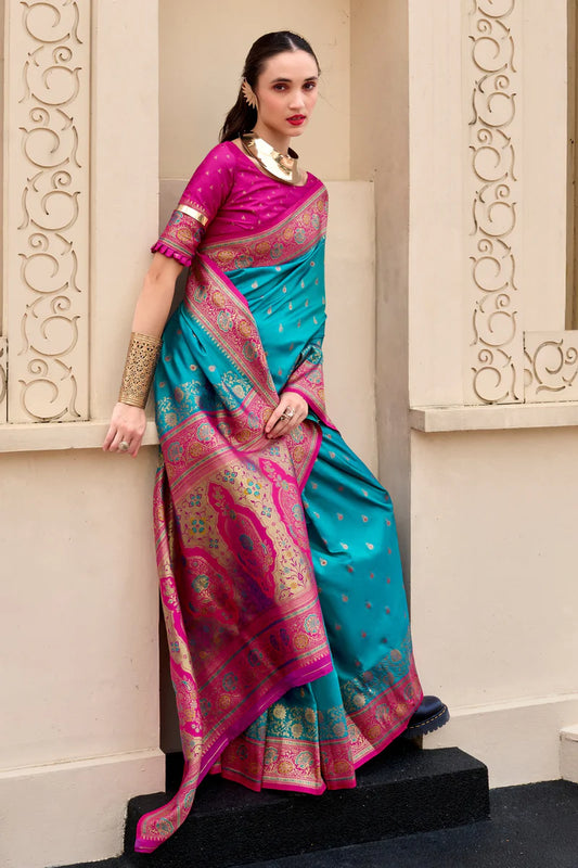Rama color banarasi silk saree for women online
