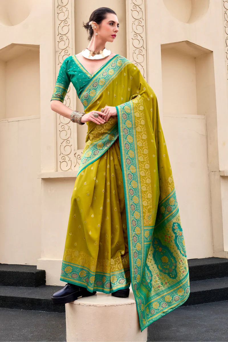 Green color banarasi silk saree for women