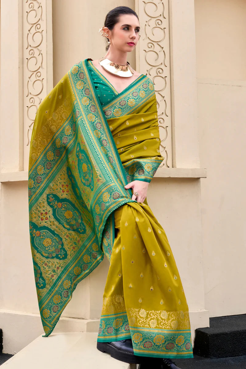 Green color banarasi silk saree with blouse online
