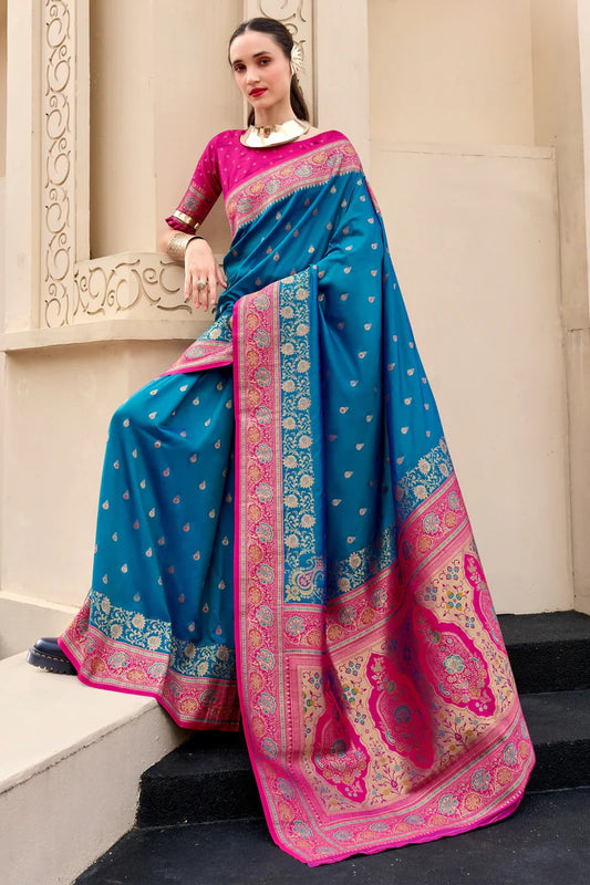Teal blue color banarasi silk saree for women