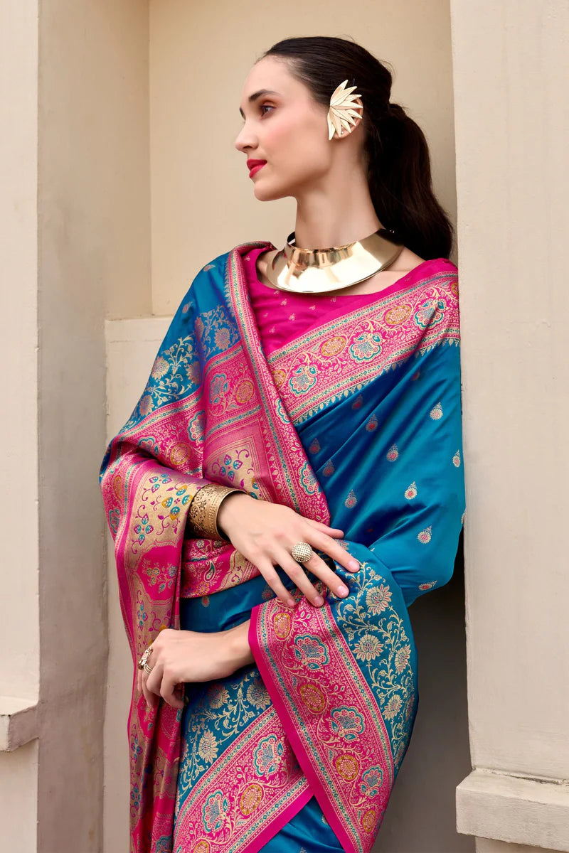 Teal blue color banarasi silk saree for women with online

